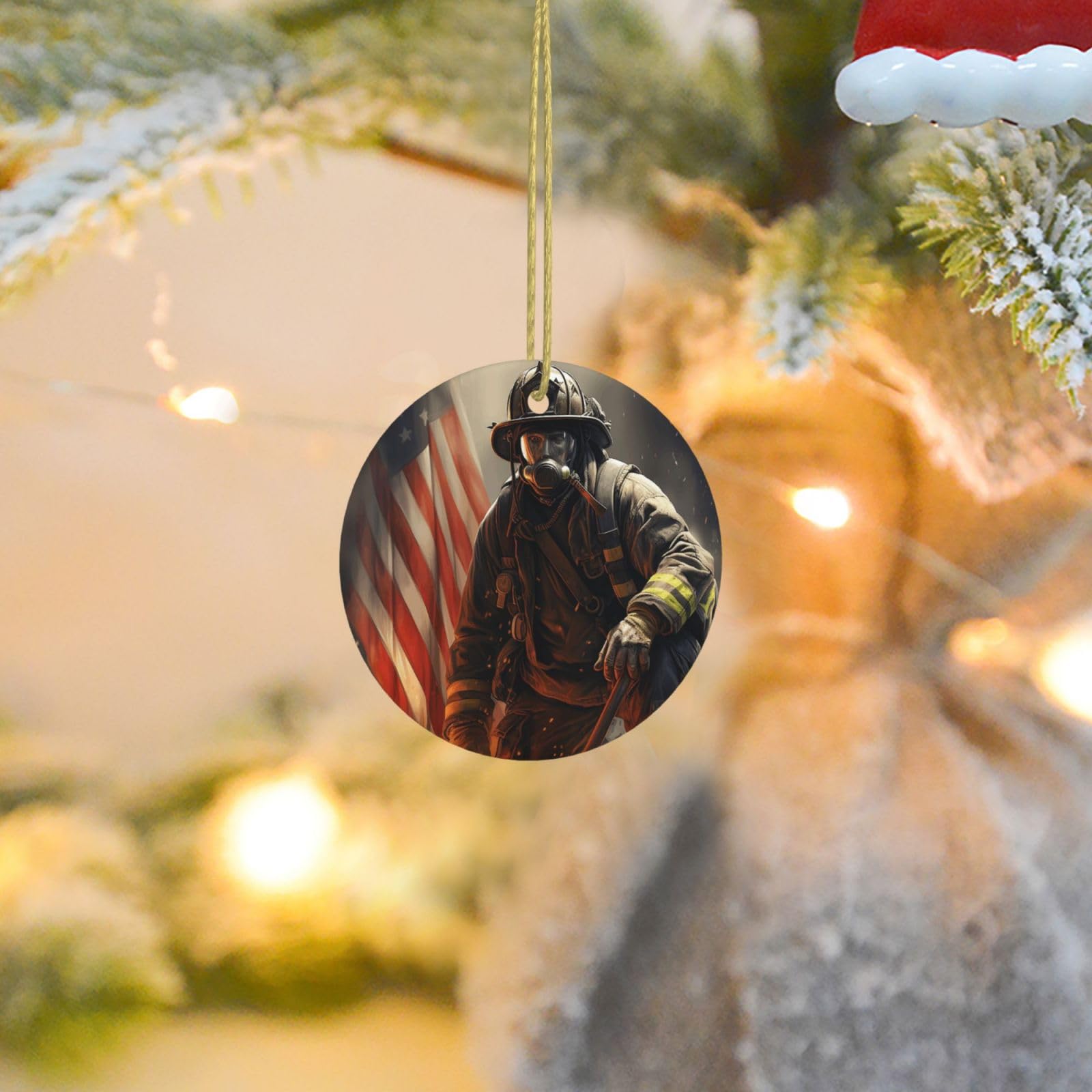 Christmas Ornaments for Christmas Tree Decoration Ceramic Hanging Patriotic Firefighter Ornament with Gold Ribbon Crafts Round Pendant for Keepsake Gifts Glass Xmas Decor Party Supplies