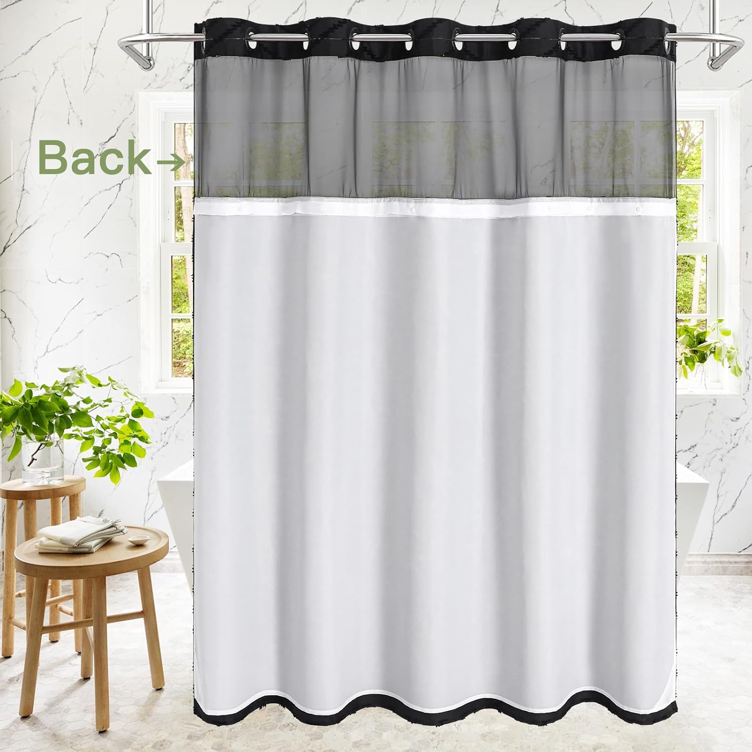 No Hooks Boho Black Shower Curtain Set with Snap-in Liner, Farmhouse Woven Fabric Tufted Chevron Striped Textured Shower Curtain, Modern Style with See Through Window 72 x 74