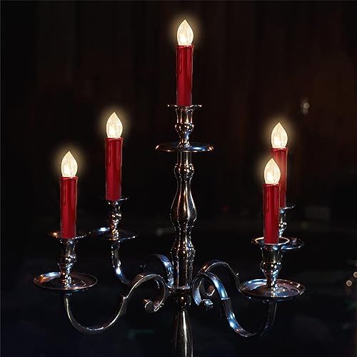 Miniatura 6 de Candlesticks - Vela LED cónica, color rojo, control remoto, funciona con pilas, velas sin llama con clip, luces blancas cálidas parpadeantes para