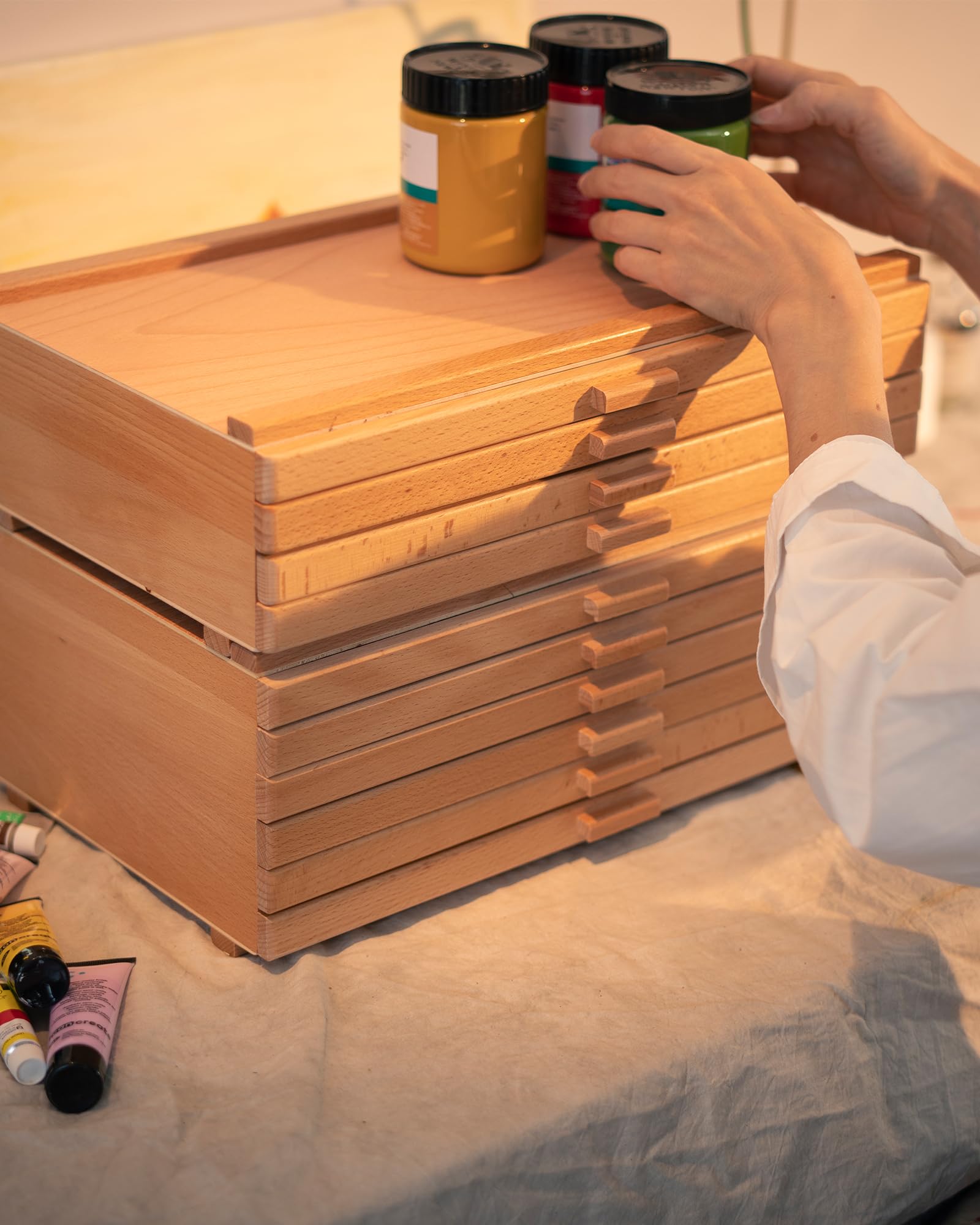 DJAR Boîte de Rangement à 4 Tiroirs pour Matériel d'Art, Organisateur de Bureau en Bois de Hêtre pour Pastels, Pinceaux, Crayons, Tiroirs Amovibles, Naturel