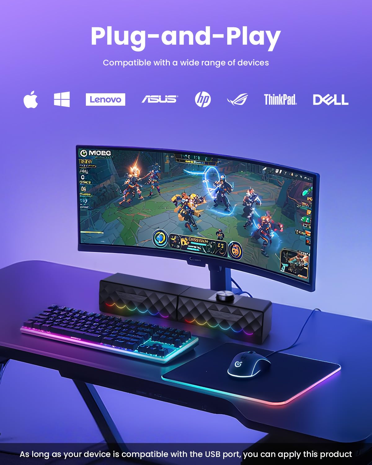 Haut-parleurs pour PC stéréo - Haut-parleur amovible avec LED RVB pour jeux dynamiques et frais - Soundbar avec câble USB pour tablette, téléphone portable, ordinateur portable, MP3/MP4