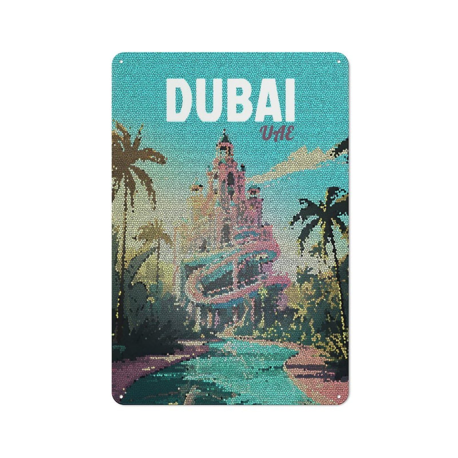 Junmoney Style-11 30X20cm Rustic Metal Wall Sign With Dubai Uae Mosaic Art For Living Room Wall, Metal Sign Decor For Living Rooms And Feature Walls
