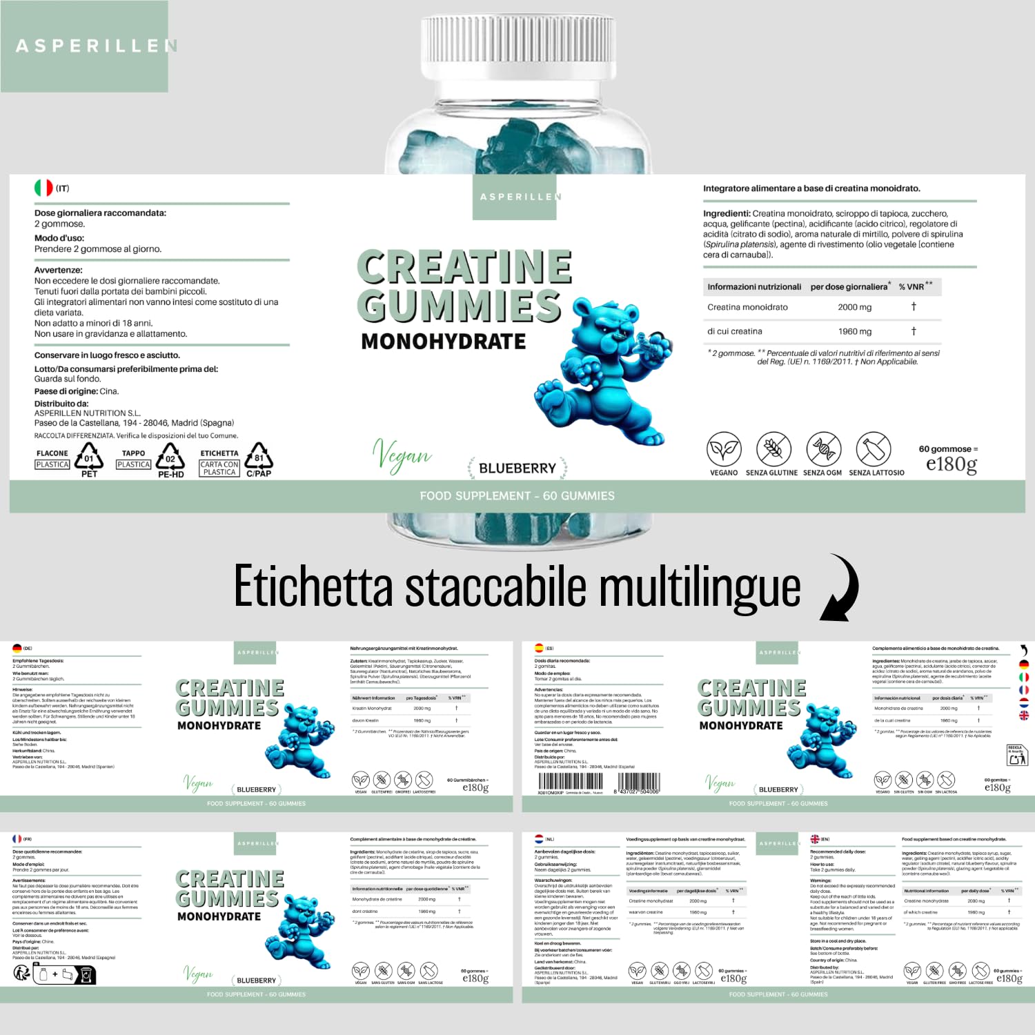 Creatina Monoidrata in Gommose Gusto Mirtillo - 100% Creatina Monoidrato per Prestazioni Fisiche e Potenza Muscolare - Vegano, Senza Glutine, Senza OGM, 60 Unità - Creatine Gummies
