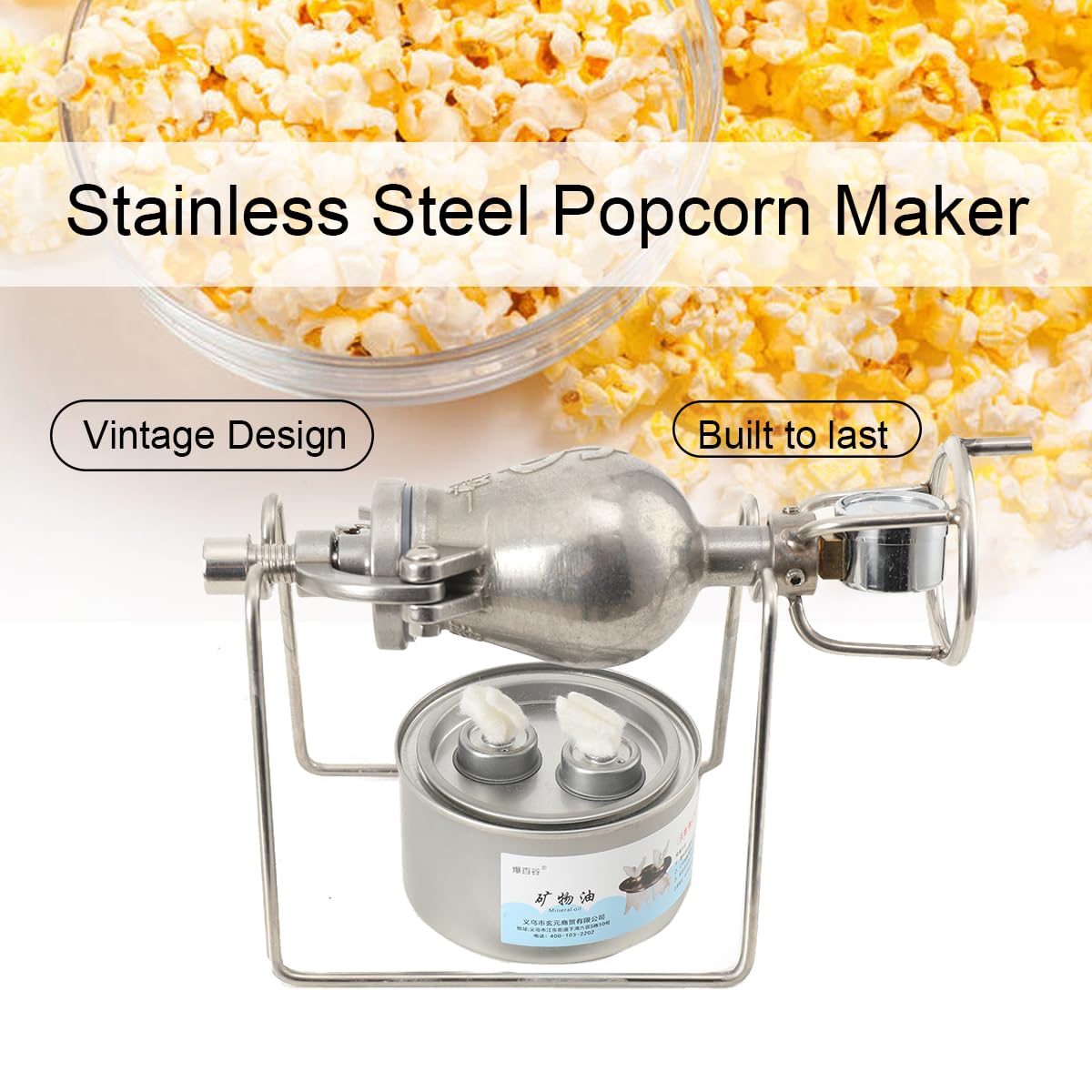 100ml Hochdruck-Popcornmaschine Mini-Edelstahl Professionelle Popcorn-Bräter, Handkurbel Gasheizung Langsamer Schub Mit Manometer Für Familienfeiern Studienpartyspaß