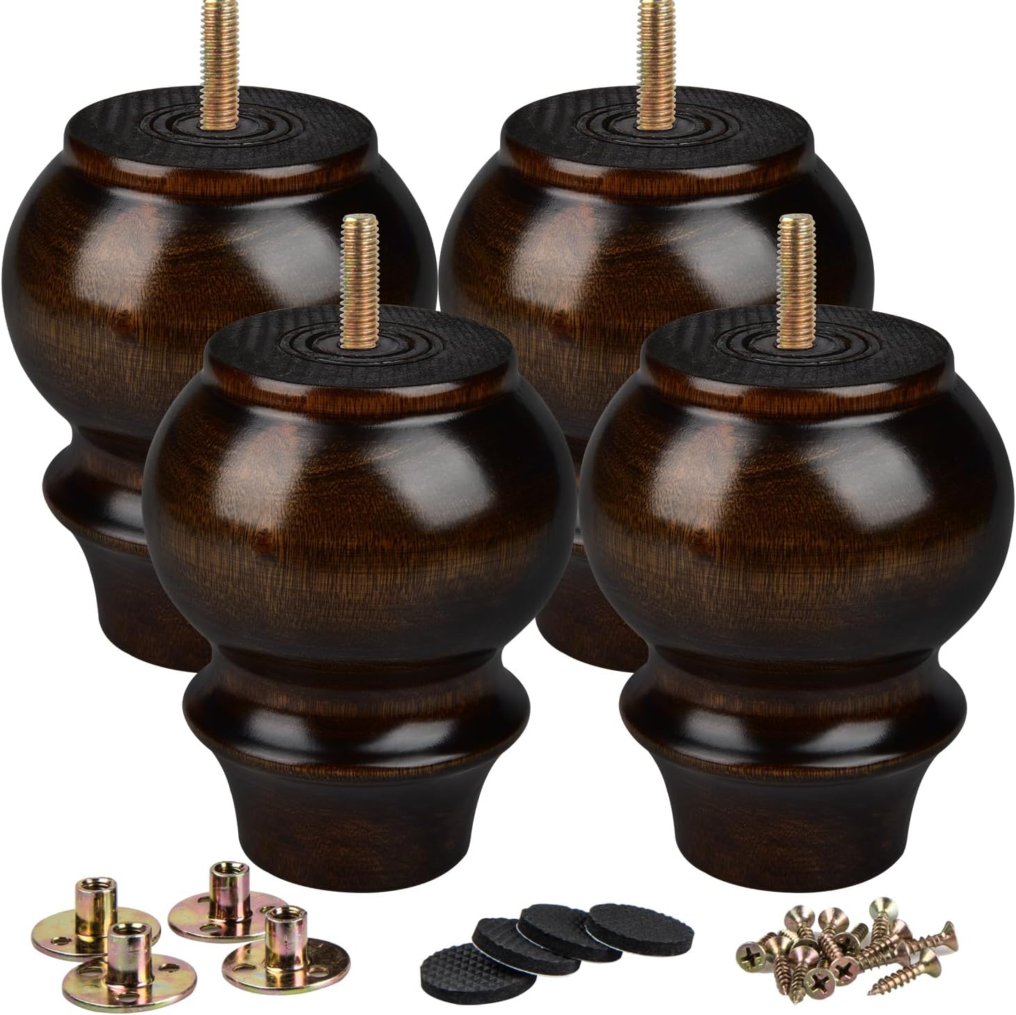 La Vane 5.5 inch Wooden Furniture Legs, 4PCS Soild Wood Turned Spindle Replacement Bun Feet with Pre-Drilled M8 Inch Bolt & Mounting Plate for Couch Sofa Cabinet Ottoman