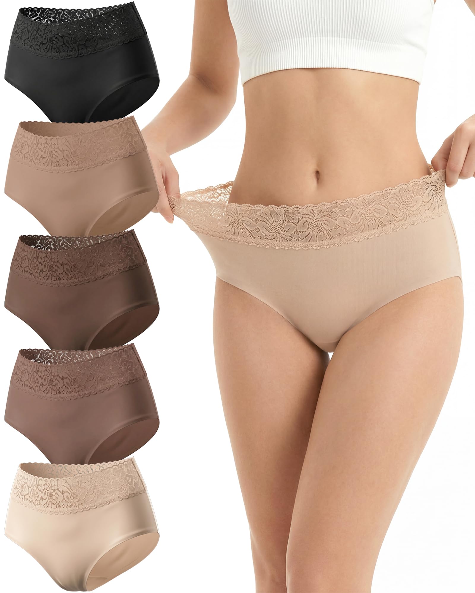 Cevapro Seamless Underwear for Women, Soft Laser Cut Lace Waistband Invisible Hipster Ladies Briefs for Daily Wear 5 Pack