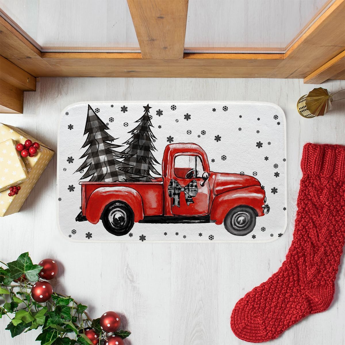 Fukeen Merry Christmas Tree Bathroom Rugs Red Black Buffalo Plaid Truck Snowflake Bath Mat Non-Slip 20x32 Inch Bath Rug Soft Plush Floor Mats Winter Holiday Decor for Bathroom Tub Shower Kitchen