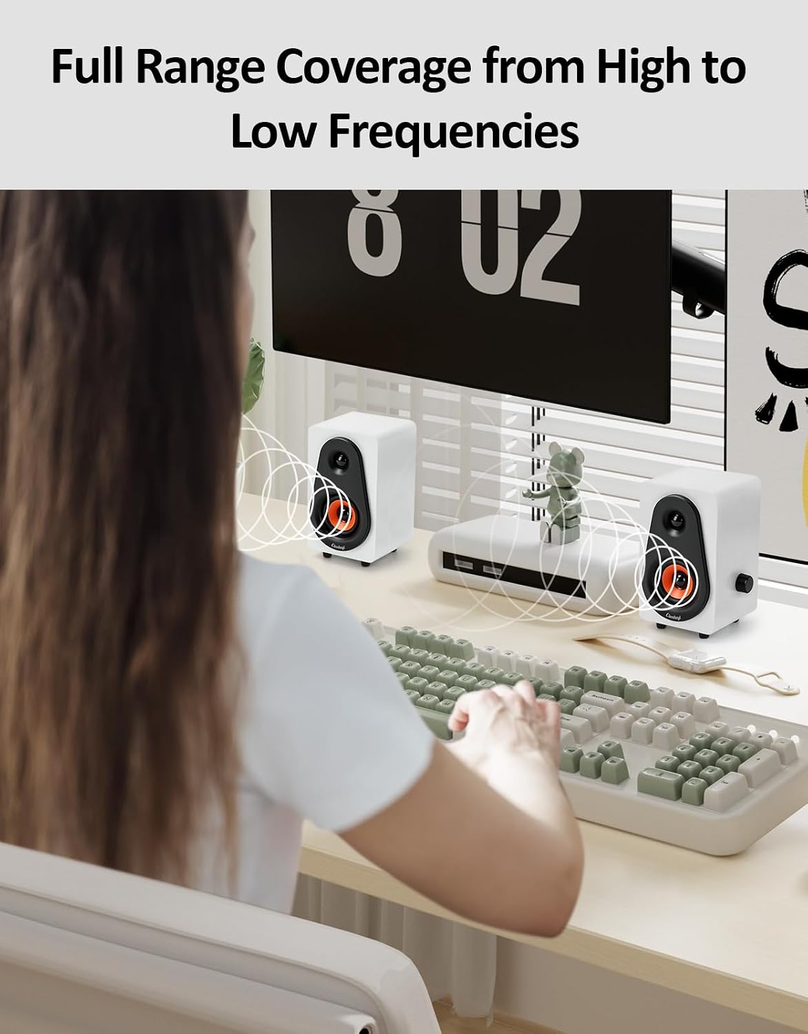 White Computer Speakers, White Wooden Desktop Speakers with Dual Diaphragms,12W USB High-Fidelity Stereo for PC, Laptop, Monitor, Tablet – USB Powered with Built-in Audio Output