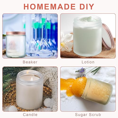 Miniatura 4 de Tioncy Tarros de vidrio esmerilado de 8 onzas de 8.5 fl oz con tapas de metal oro rosa, tarros redondos gruesos para hacer velas, tarro de conservas