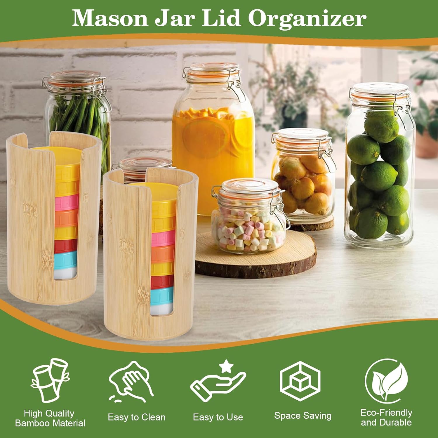 2 PCS Mason Jar Lid Organizer Vertical Mason Jar Lid Storage Bamboo Tumbler Lid Holder Cup Lid Organizer Suitable for Mason Lids/Canning Lids/Bamboo Lids Mason Jar Accessories (2 Wide)