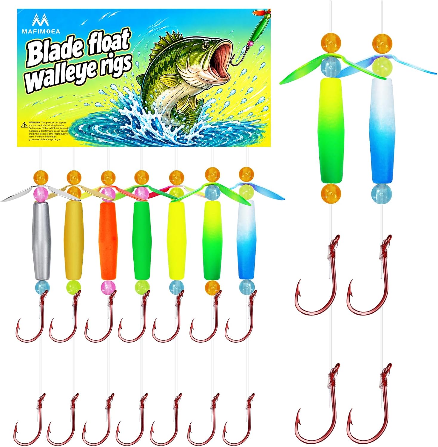 7 Pack Walleye Crawler Harness Rig, Dual-Wing Blade Spinner with Inline Float & Glow Beads, 25lb Pre-Tied Trolling Rig for Walleye Bass Trout