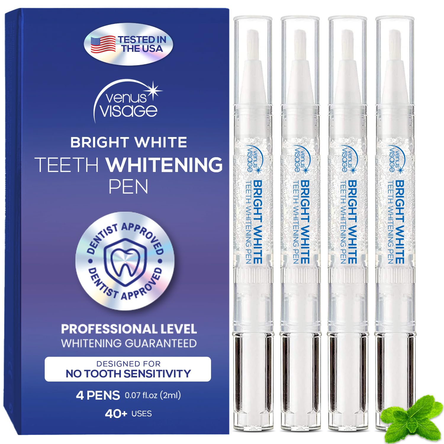 Venus Visage Award Winning Teeth Whitening Pen, 20+ Uses - Teeth whitening Gel Professionally formulated - Best Teeth whitening kit Teeth Whitener - Low Sensitivity (Mint) (0.07 Fl Oz (Pack of 4))
