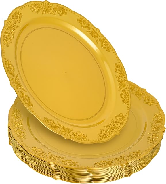 STACKABLES Pack of 20 Hard Plastic Gold Plates 10.25" Plates Dinner Round Plates Reusable Multi-Purpose Dinnerware Dish Plate