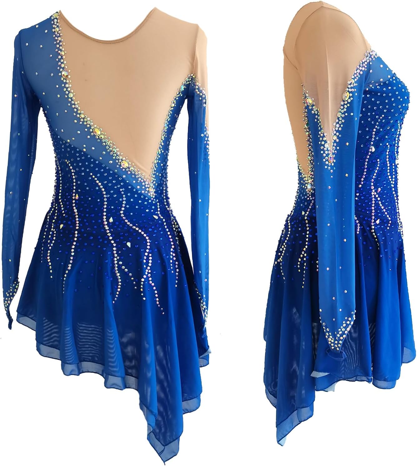 Figure Skating Dress for Girls Blue with Breathable Mesh Fabric Custom Sizes for Performance or Competition