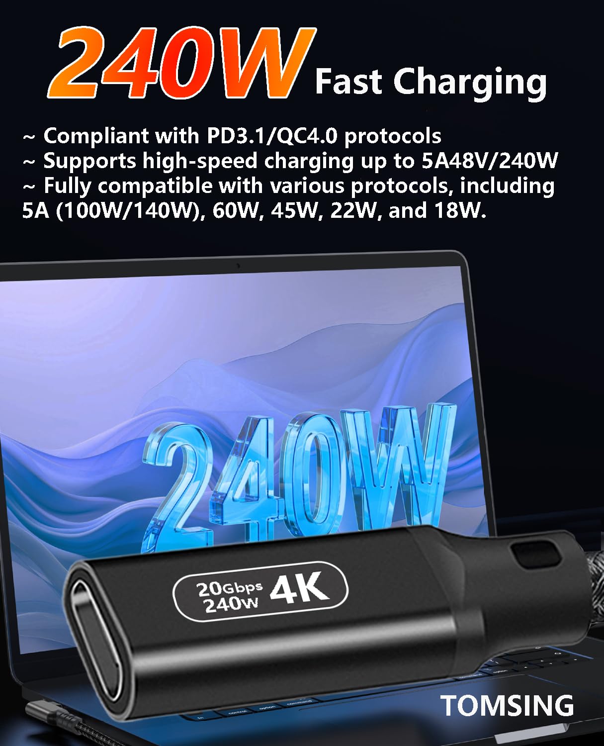 Cavo di prolunga USB C da 240 W, 20 Gbps, 4 K a 60 Hz, extra lungo, USB 3.2 tipo C maschio a femmina, prolunga per ricarica e sincronizzazione per smartphone, tablet, laptop, PlayStation, Xbox