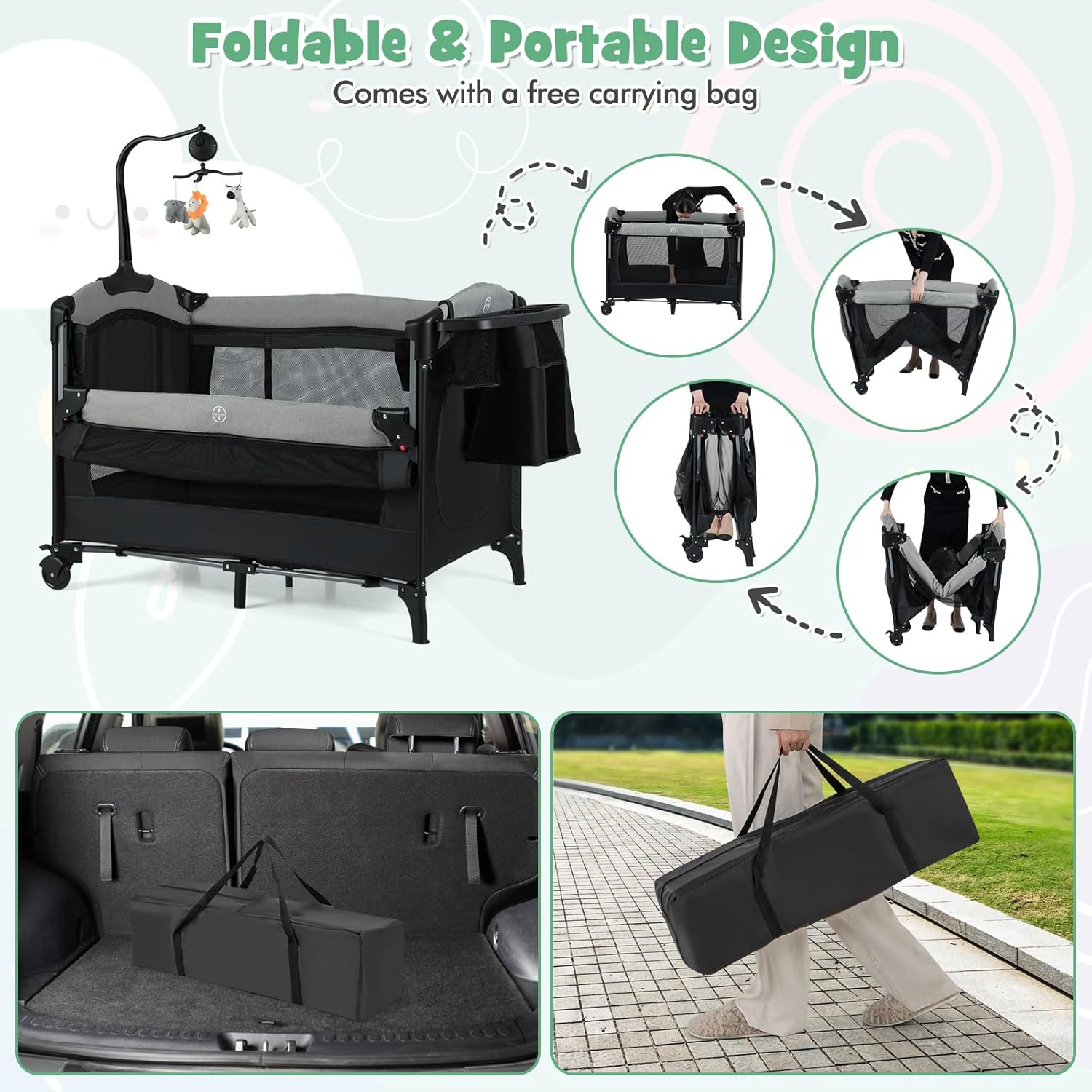 HONEY JOY Baby Bedside Sleeper, 6-in-1 Pack and Play w/Infant Bassinet, Diaper Changing Table & Portable Play Yard, 3 Adjustable Heights, Music Box & Side Storage Bag, Carry Bag(Black)