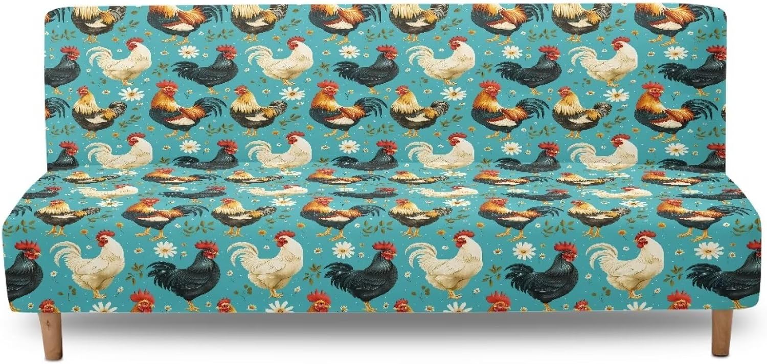 Chicken Floral Easy-Going Stretch Futon Slipcover Armless Futon Bed Cover Furniture Protector Without Armrests with Elastic Bottom for Kids