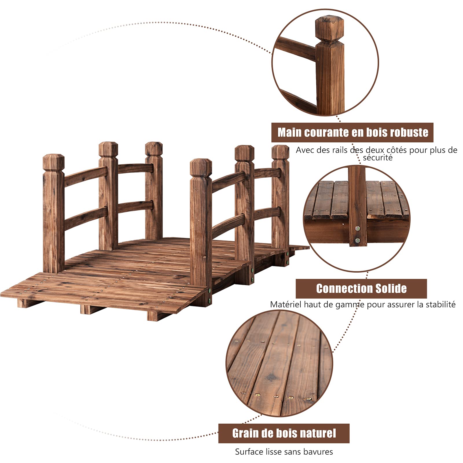GOPLUS Pont en Bois Rustique et Massif avec Main Courante, Décoration de Jardin Pont d'Étang, Supporte de Poids Maximum 100 KG, 150 x 67 x 55CM (Brun)