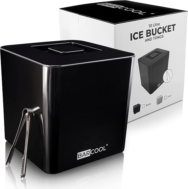 Barcool Ice Bucket with Lid and Ice Tongs | BPA Free | 10 Litre | Square & Double Walled Insulation | Perfect for Home Bars, Pubs, Restaurants, BBQs and Picnics (Black)