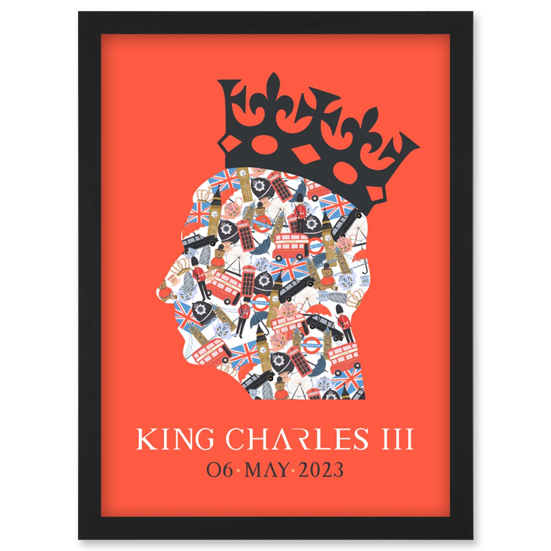 King Charles III Coronation British Symbol Collage Crown Red Framed Art Print A4