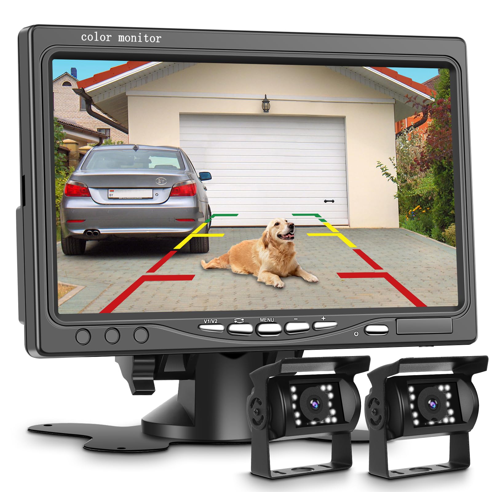 Telecamera posteriore da 7 pollici con 2 telecamere posteriori, kit telecamera posteriore Podofo 18 IR LED visione notturna IP68 telecamera di backup impermeabile per camion RV Bus 9V-35V