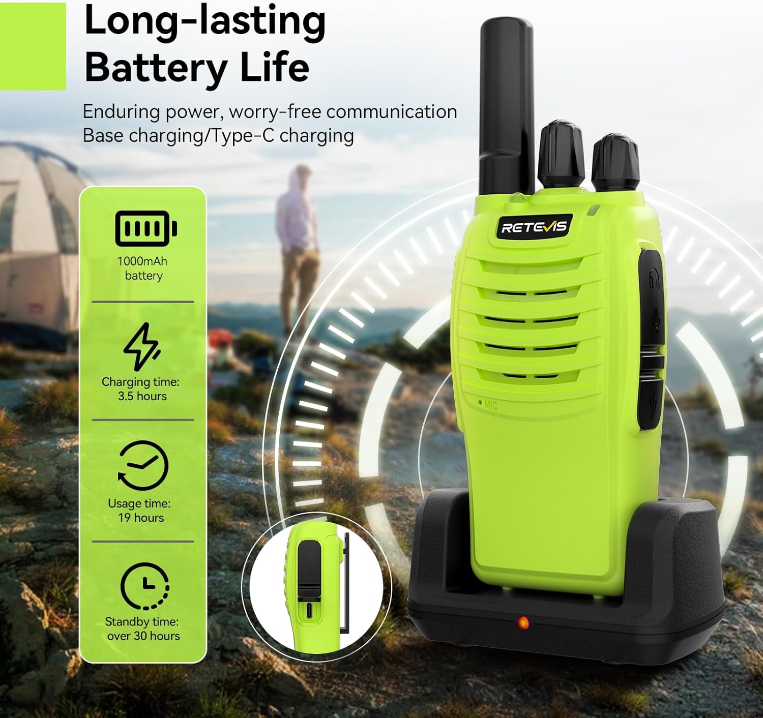 Retevis H-777 Walkie Talkies for Adults, Portable FRS Two Way Radios (Black, 3 Pack) Bundle with H-777 2 Way Radios Long Range Type-C and Base Charging for Traveling Biking Camping (Green, 3 Pack)