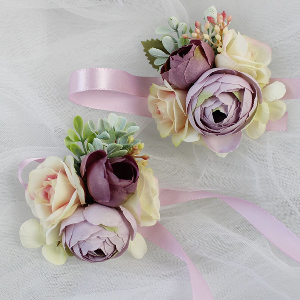 USIX 2pc Pack-Handmade Artificial Peony Flower Wrist Corsage with Satin Wristband for Girl Bridesmaid Wedding Party Prom Flower Corsage Hand Flower (Purple Wrist Corsage x2)