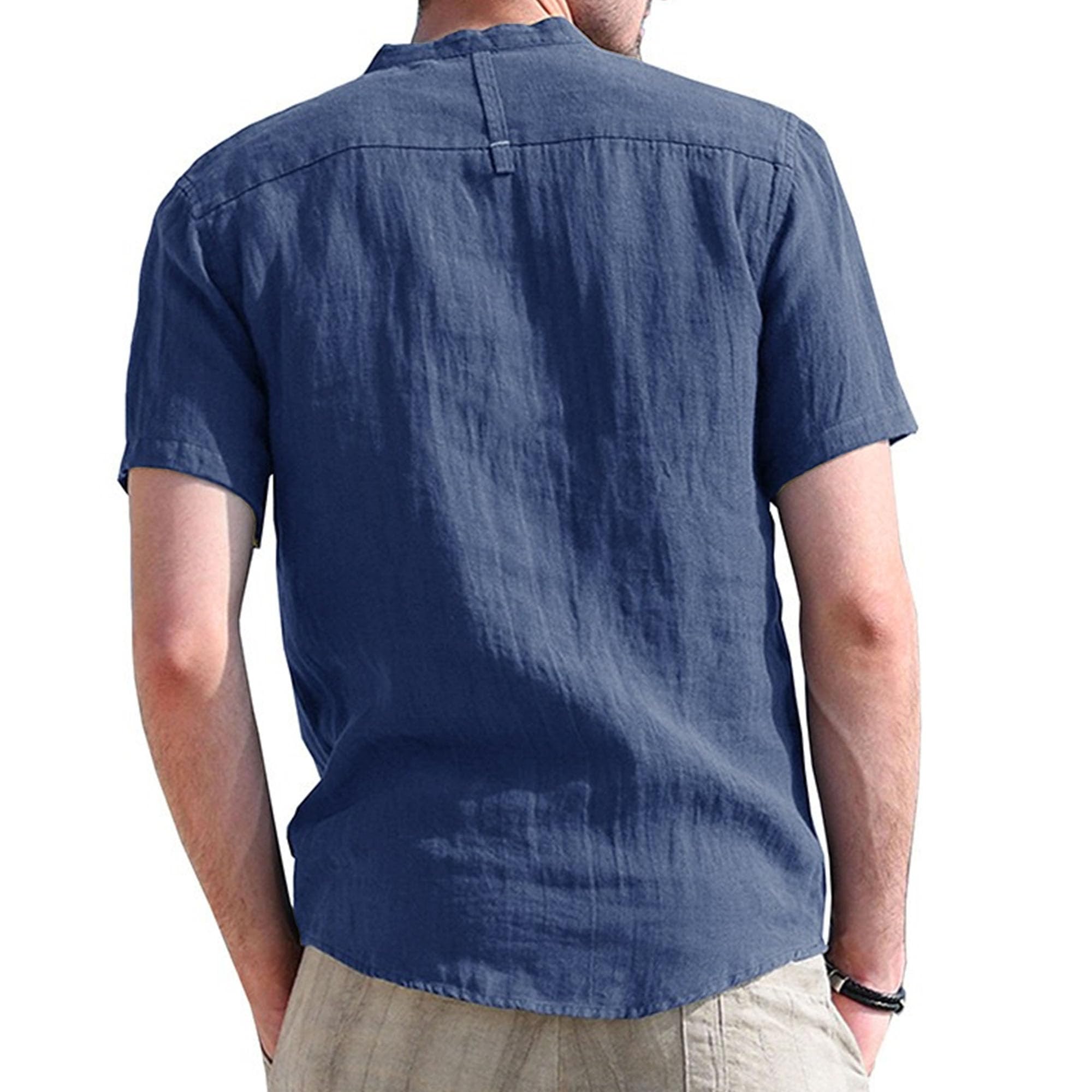 Men Henry Collar Solid Short Sleeve T Shirt Quarter Button Daily Style Shirts Summer Loose Breathable Pullovers Top (Dark Blue,Medium)