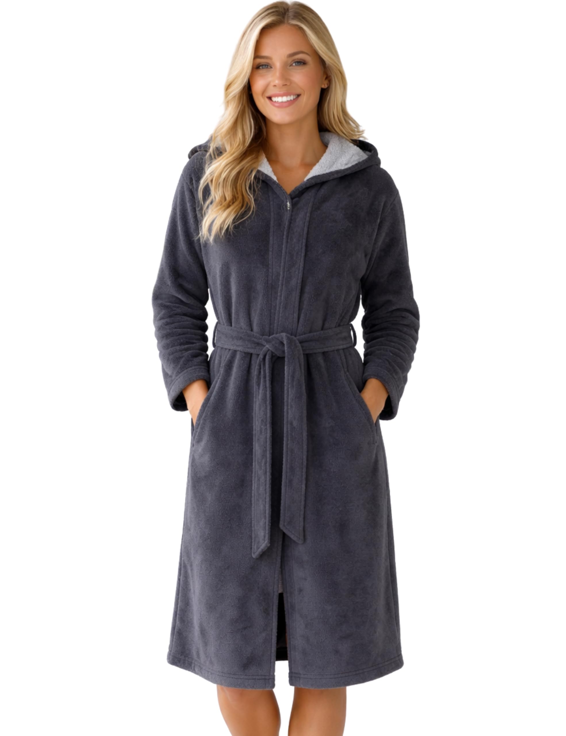 Morgenstern Women's Bathrobe with Zip Hood Terry Towelling Velour, grey, M