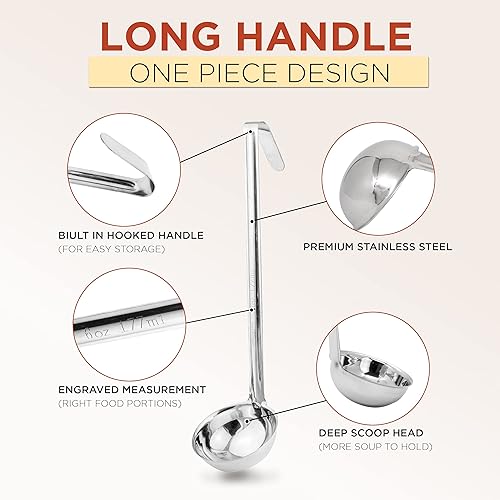 Miniatura 3 de Paquete de 2 Cucharón de sopa de acero inoxidable de 4 onzas, espátula de salsa de una pieza con asas de gancho, cuchara de servir de grado