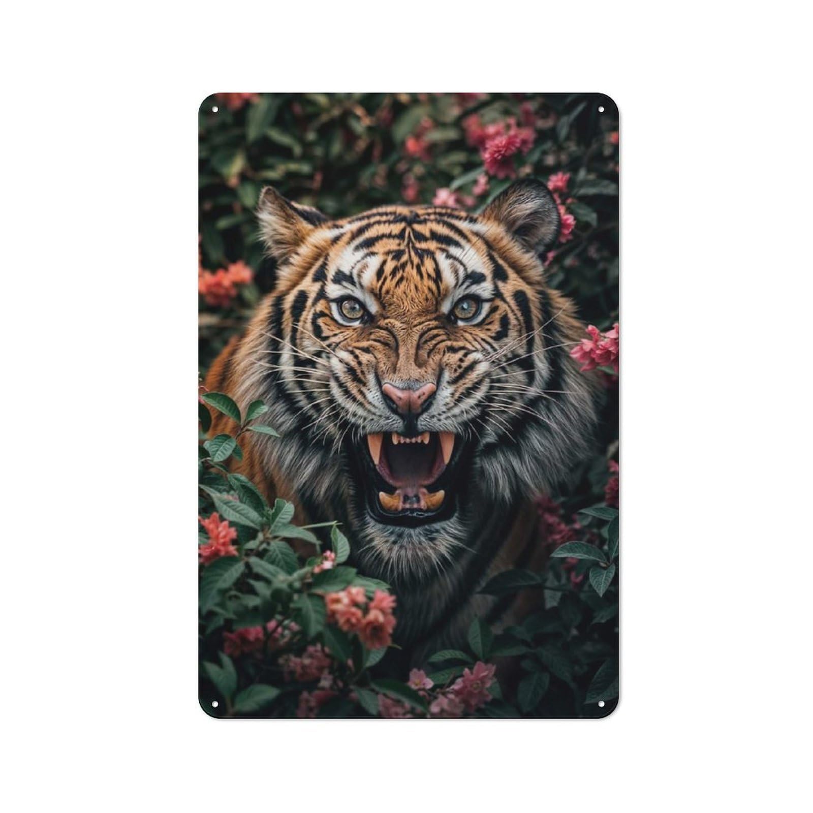 Junmoney Style-17 Tiger Roaring In Flowers Rustic Tin Sign 30X20cm For Café Or Restaurant, For Café Owners And Decorators, For Retro Home Interiors
