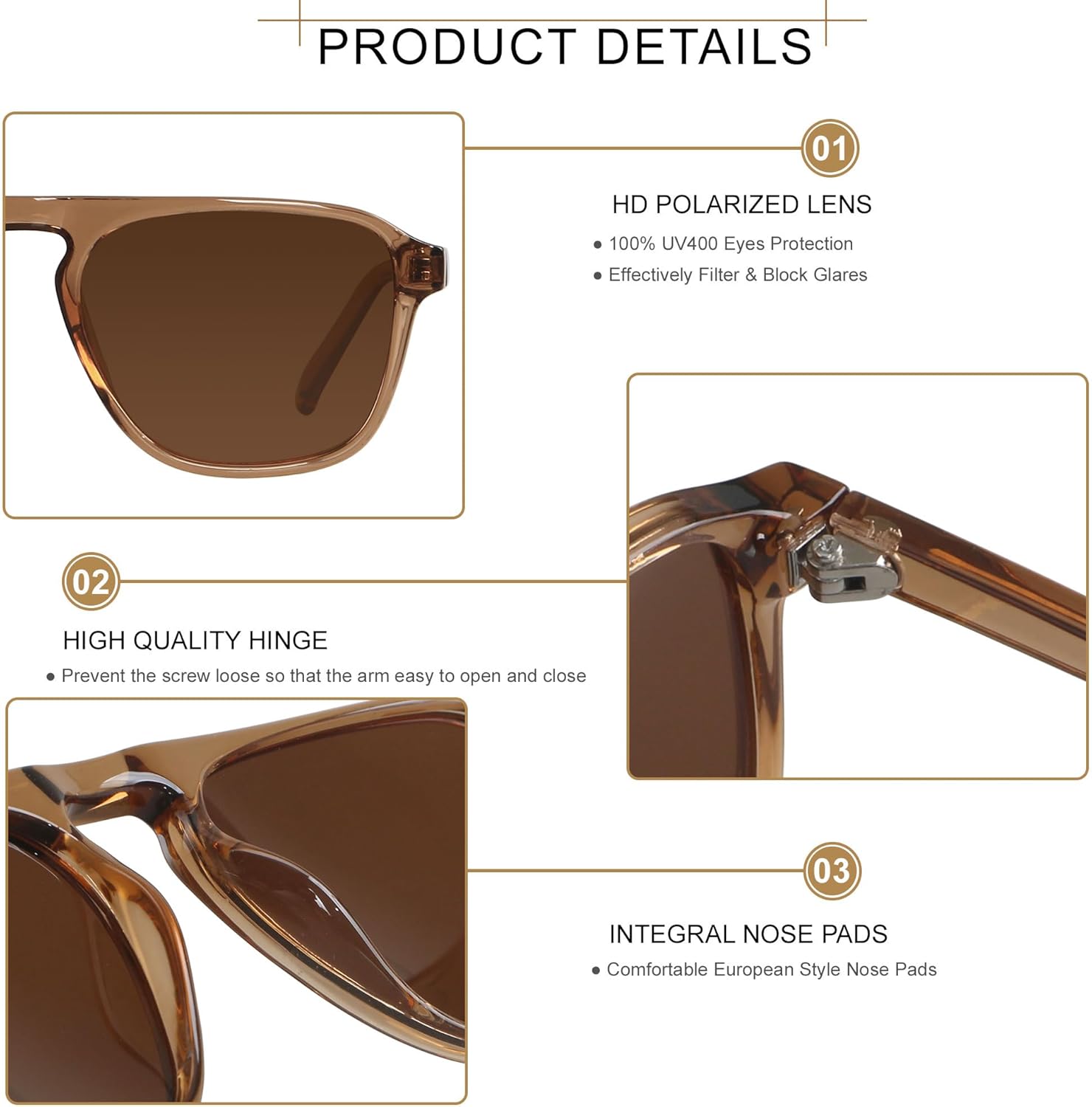 ANDWOOD Square Aviator Sunglasses Polarized Mens Womens UV Protection Sun glasses - Image 3