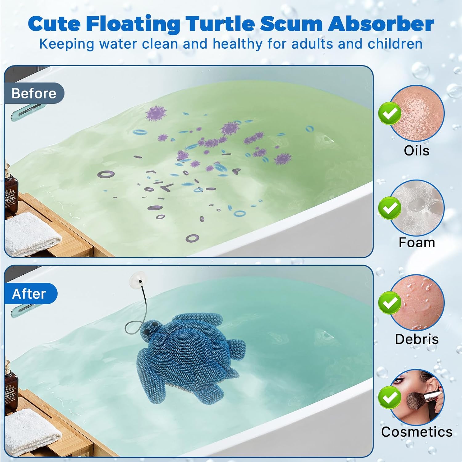 Hot Tub Scum Absorber, 2Pcs Scum Turtle Hot Tub Cleaner Hot Tubs Sponge to Soak up Oil & Grime- Must Have Hot Tub Accessories for Adult, Reusable Oil Scum Absorber Keep Spa Pool Water Clean,11-inch
