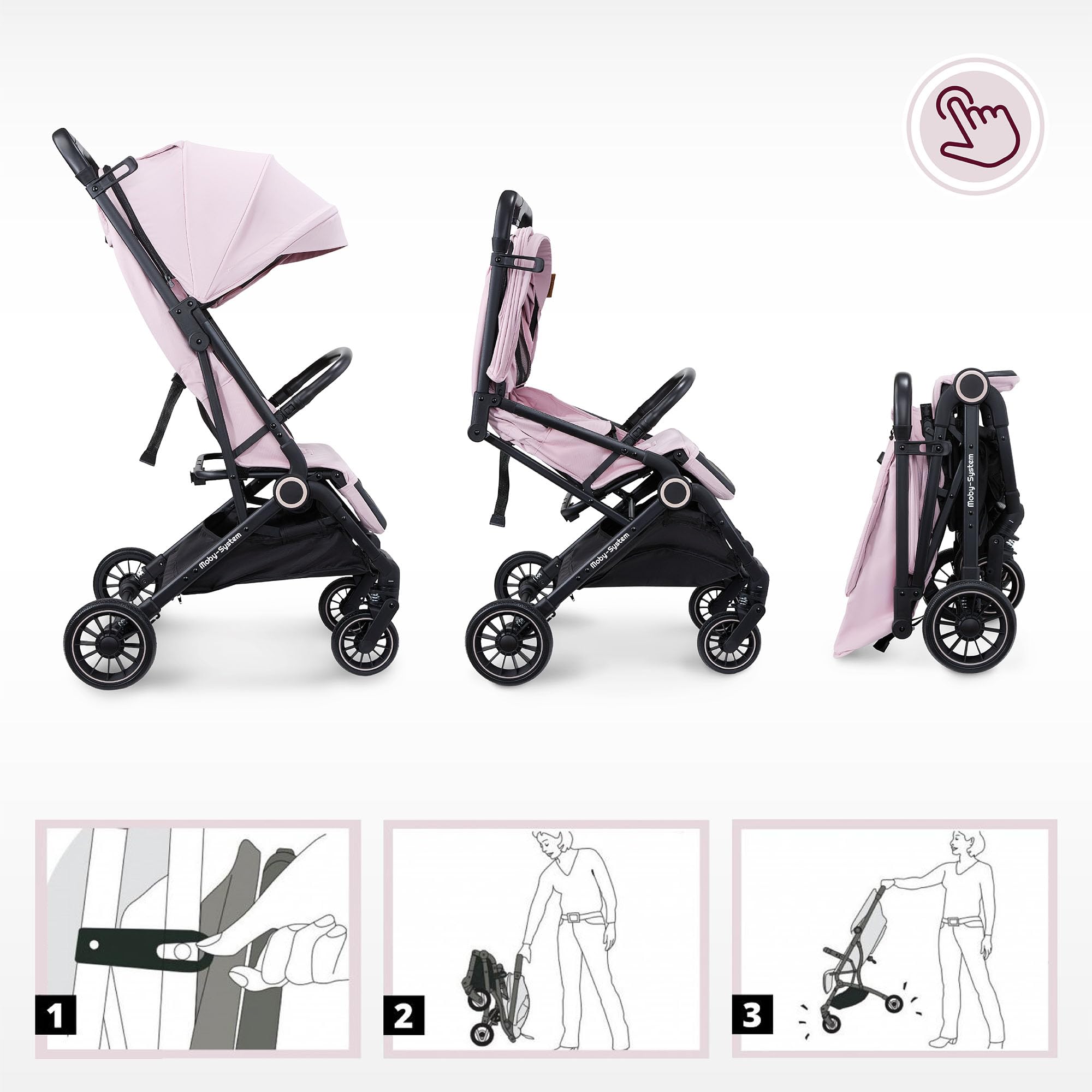 Moby-System LENA PINK PRO Poussette Canne avec Fonction Valise, Légère et Compacte 6–48 Mois, Roues EVA avec Suspension, Capote XXL, Pliage à Une Main, Rose
