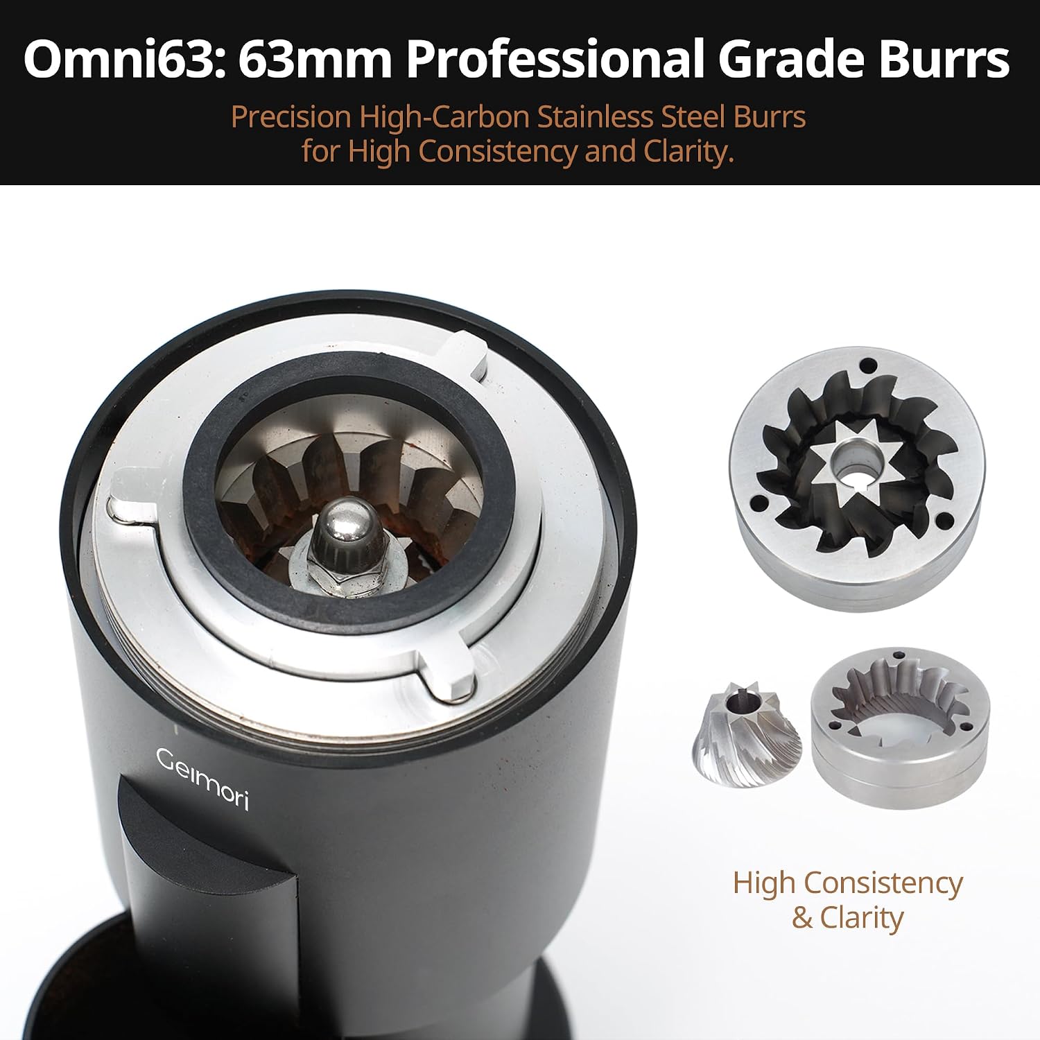Burr Coffee Grinder,Wirsh Geimori GU63 Electric Single Dose Grinder with 63mm Conical Burr,Stepless Adjustment for Espresso&Pour Over,80 RPM Cold Grind, Low Retention Grinder with Magnetic Dosing Cup