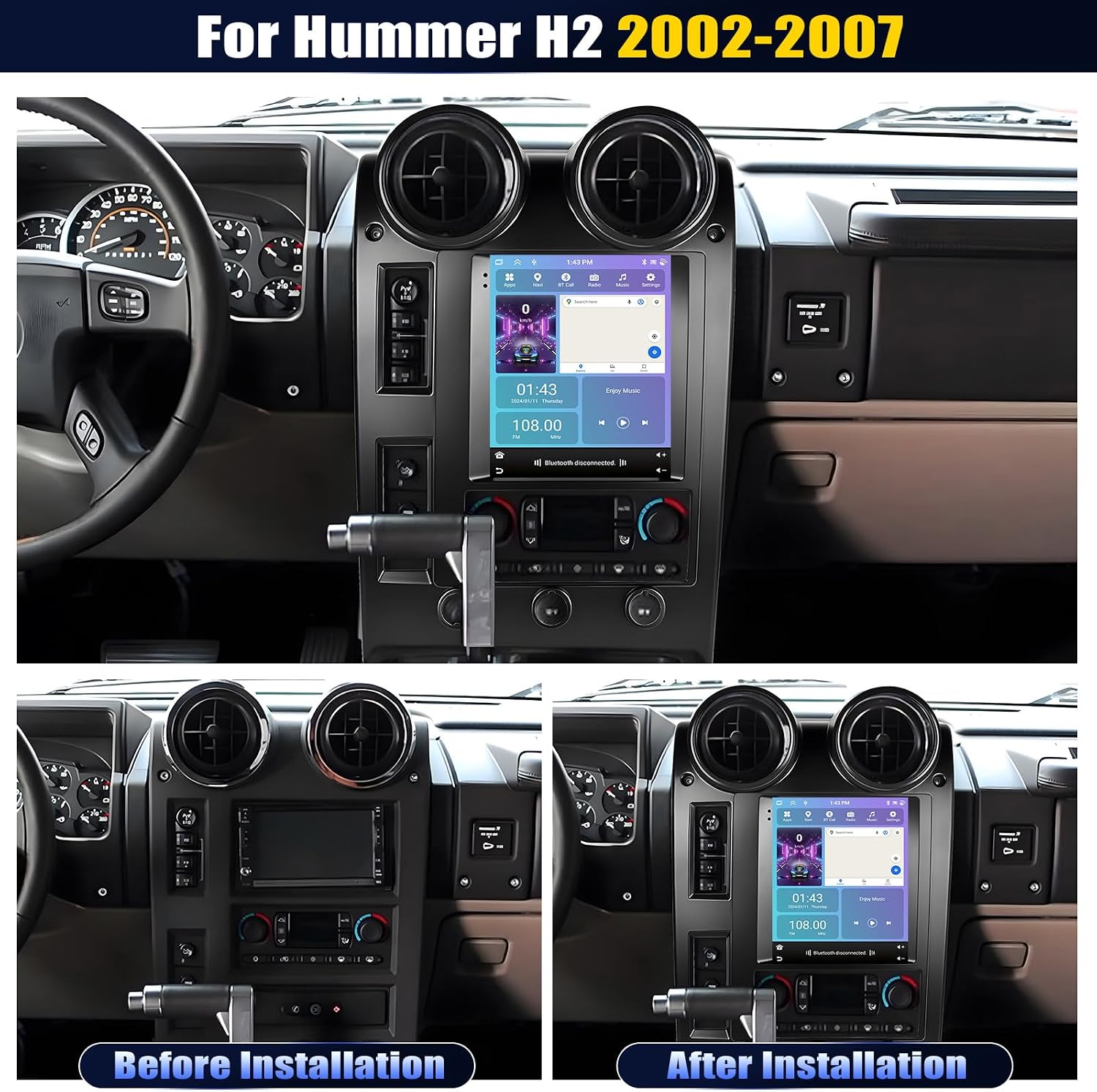 Diagram illustrating wireless and wired connection options for Apple Carplay and Android Auto, showing phone screens mirrored on the car stereo display with various app icons.