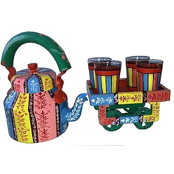 iHandikart Hand Painted Kettle Thela (Pack Contents- 1 Handpainted Kettle, 1 Thela cart, 4 Handpainted Glasses, IHK5064-T, Multicolour) - Set of 6