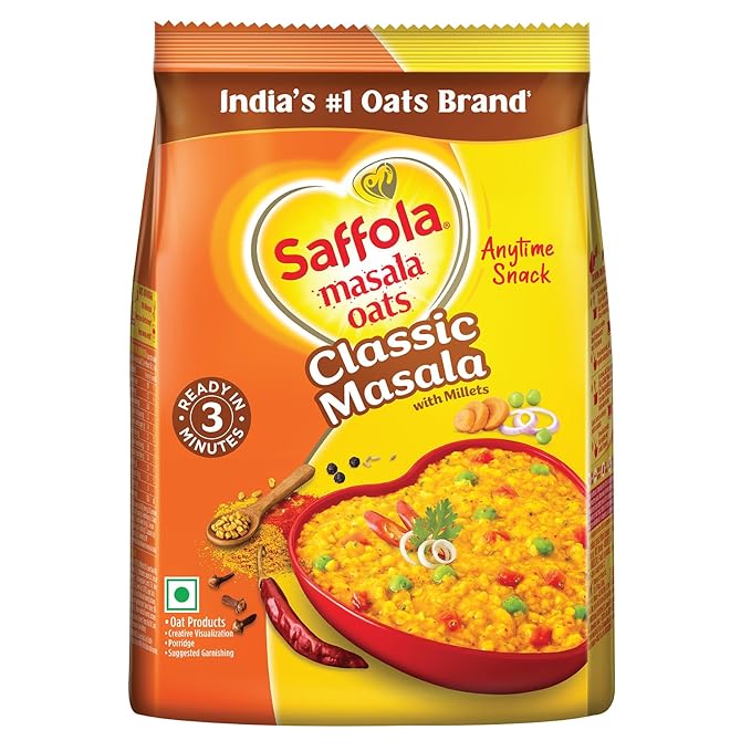 Saffola Masala Oats | 225g | Classic Masala | Tasty, Anytime Snack | Ready in 3 mins | Millets Goodness- with Bajra & Jowar | No maida, No added preservatives | Helps manage weight