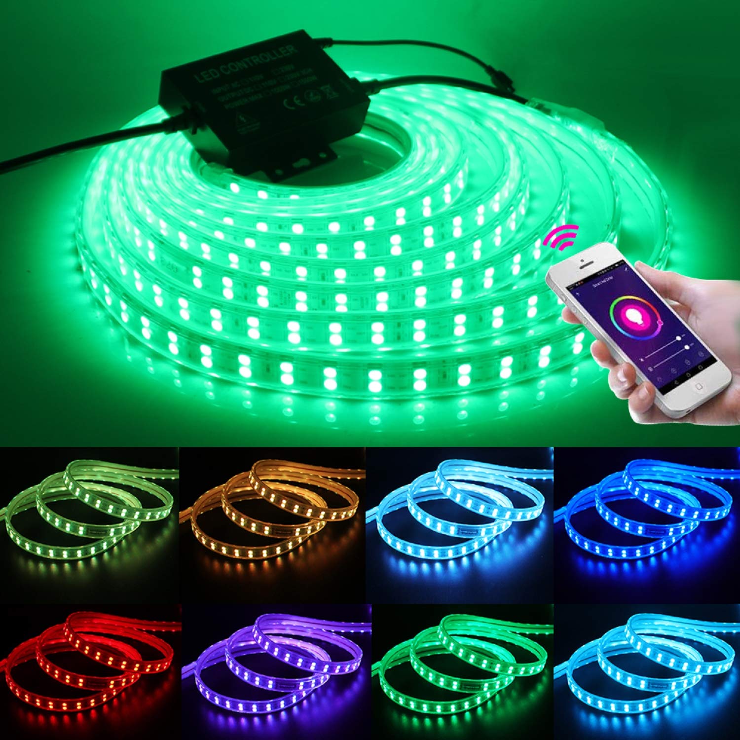 XUNATA Tira de LED WiFi RGB 220V, Impermeable y Flexible, Música Teléfono Inteligente / 1500W Control Remoto/Aplicación Alex Google Assistant (15 metros, 120LEDs/m)