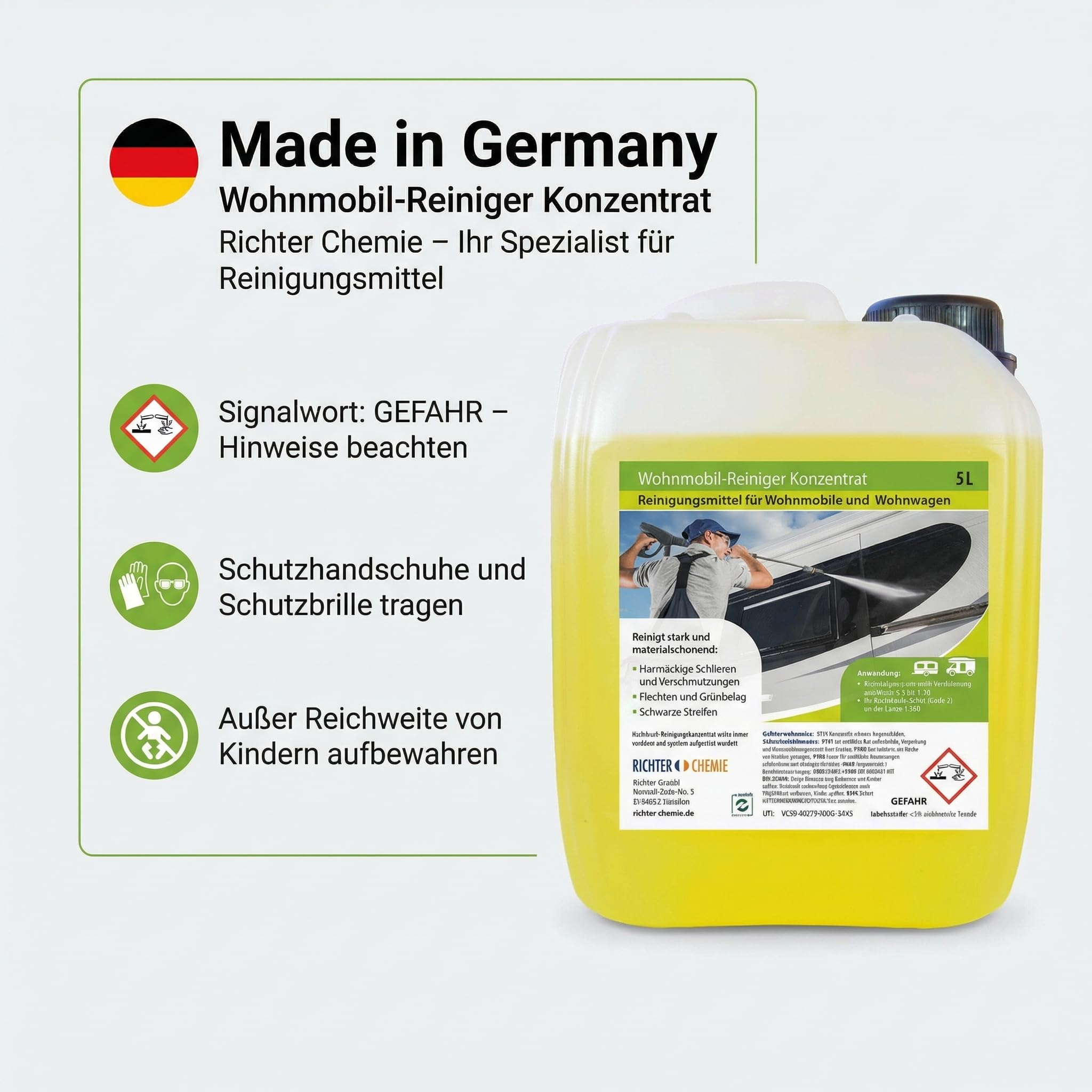 Richter Chemie Wohnwagenreiniger außen, Caravanreiniger & Wohnmobilreiniger Konzentrat, 5L Kanister, verdünnbar (bis 50 L Lösung), starke Reinigung, materialschonend, Entfernt Schwarze Streifen