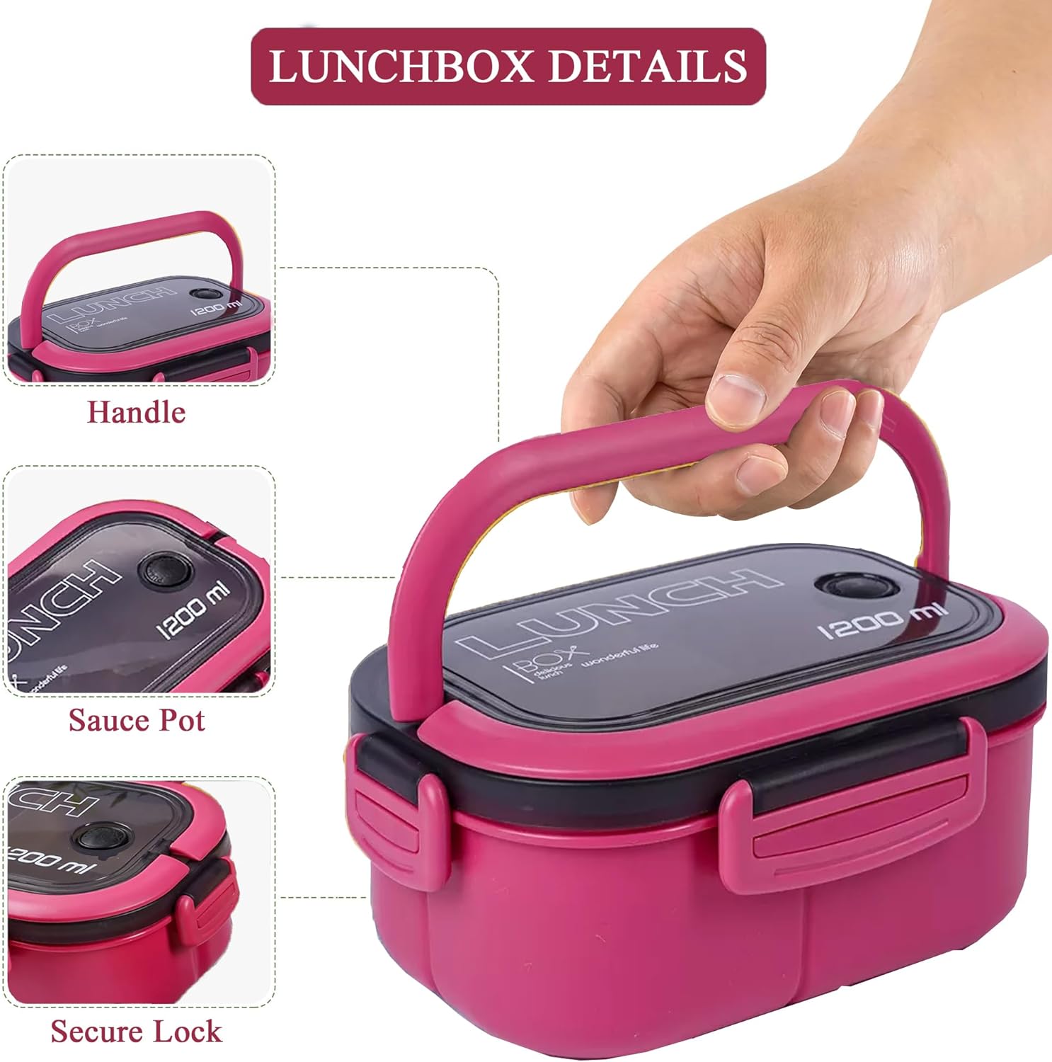 Bento Box Adult, Lunch Box for Men and Women, 1200ML Leak-proof Double-layered with Handle Lunchbox, Reusable BPA-Free Lunch Container, Microwave/Dishwasher Safe, Snack Box with Cutlery Set, Pink - Image 3