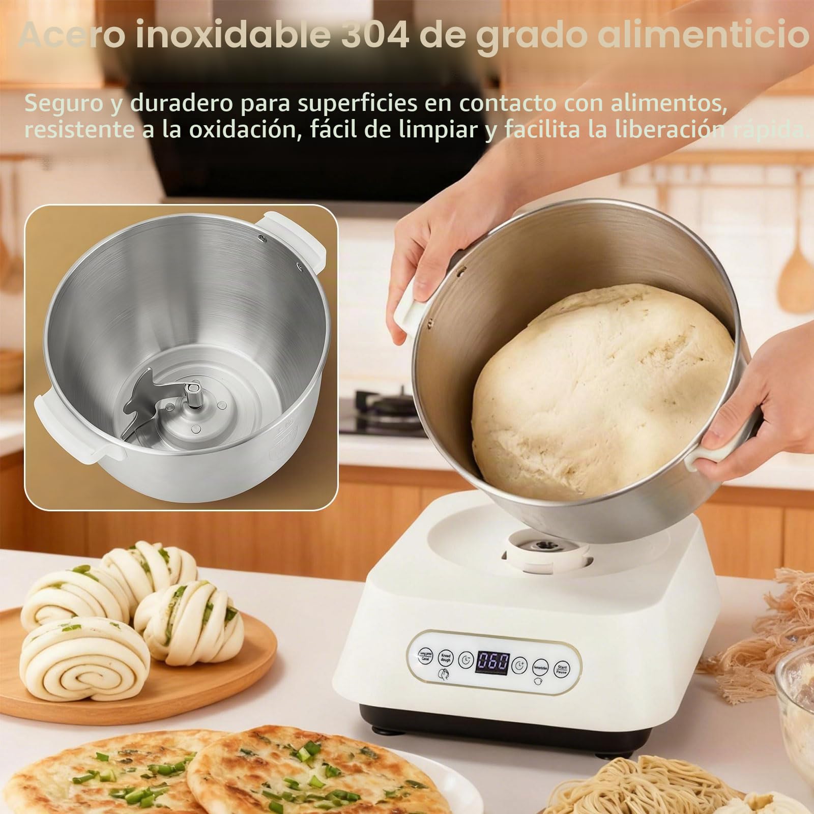 Amasadora de pasta de acero inoxidable, 7 l, gran volumen, con función de fermentación termostática (25 – 38 °C), amasadora automática con cuchilla de corte para cocinar en casa