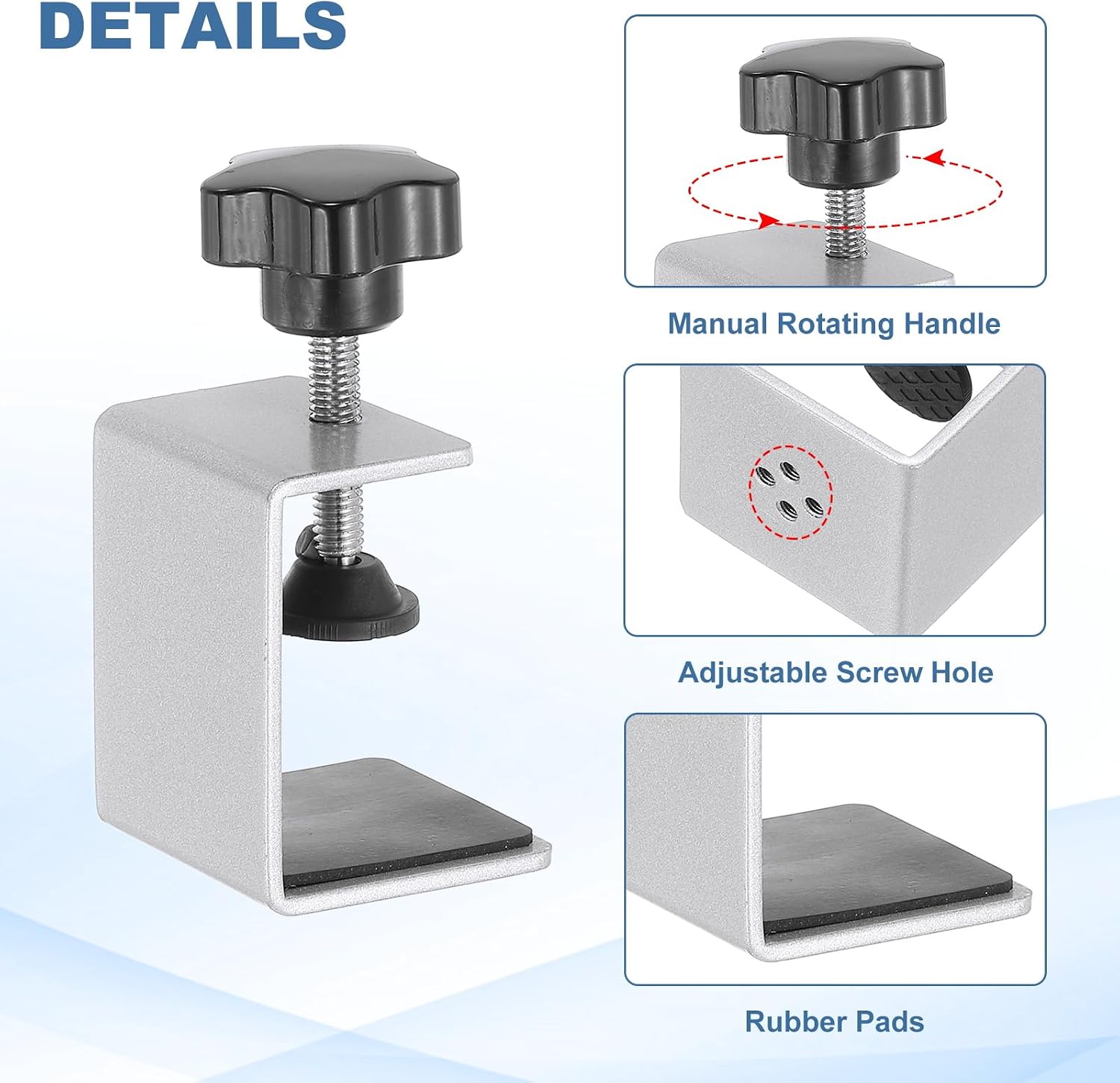 PATIKIL C Clamps, 2 Pcs Heavy Duty Metal Black Desk Clamp Adjustable Mounting Table Clamp with Protective Pad for Fixing Acrylic Glass Plastic Wood Sheets, Silver Tone