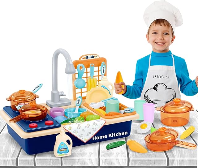 Coo11 Kitchen Play Sink Running water Toys, Dish Rack, Pot and Pan, Toddler Electronic Dishwasher with Cooking Stove Accessories Gift for Boys Girls, Pretend Role Play