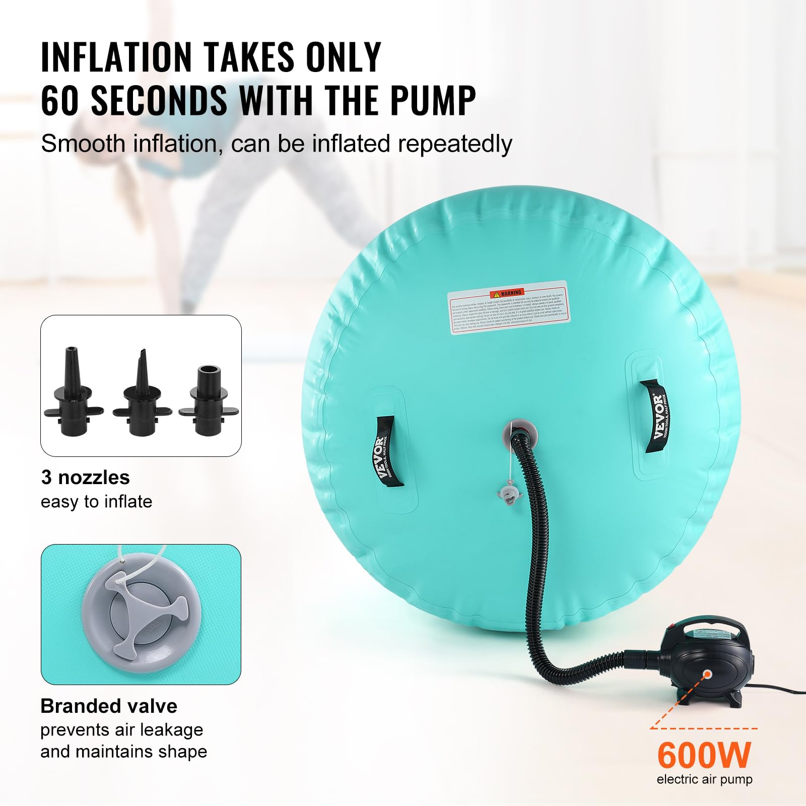 VEVOR Tappetino ad Aria, Rullo ad Aria Gonfiabile Rotondo, Canna d'Aria con Pompa Elettrica, Allenatore di piegamenti All'Indietro per Uso Domestico/Palestra/Yoga/Cheerleader/Parco/Acqua