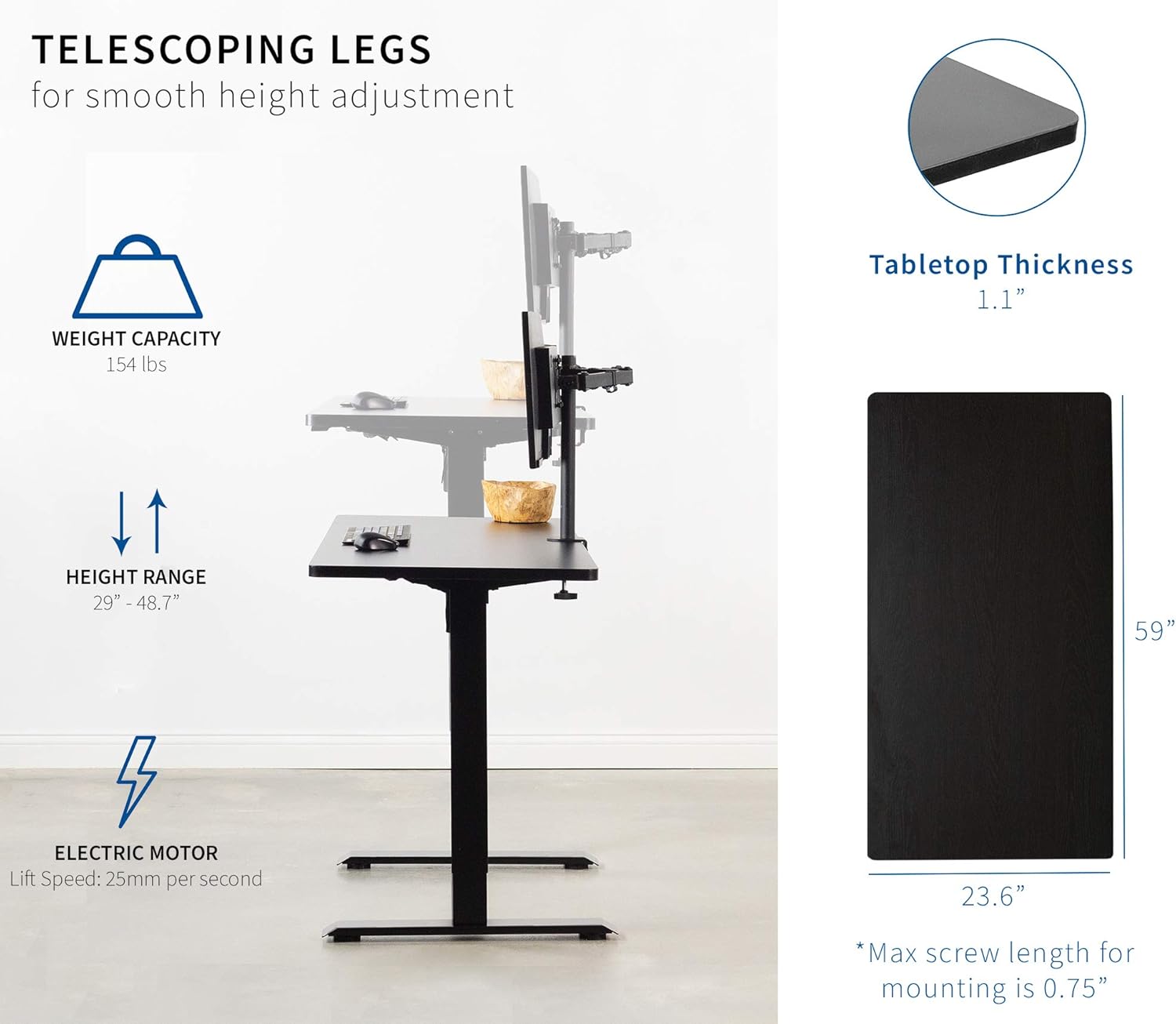 VIVO 60-inch Electric Height Adjustable 60 x 24 inch Stand Up Desk, Black Solid One-Piece Table Top, Black Frame Standing Workstation, Home & Office Furniture Sets, DESK-KIT-B06B : Office Products