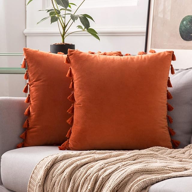 MIULEE Velvet Tasseled Cushion Covers Bohemian Indian Embroidered Decorative Square Throw Pillow Case Pillowcases for Couch Livingroom Sofa Bed with Invisible Zipper 18x18 inch 45x45cm 2 Pieces Orange