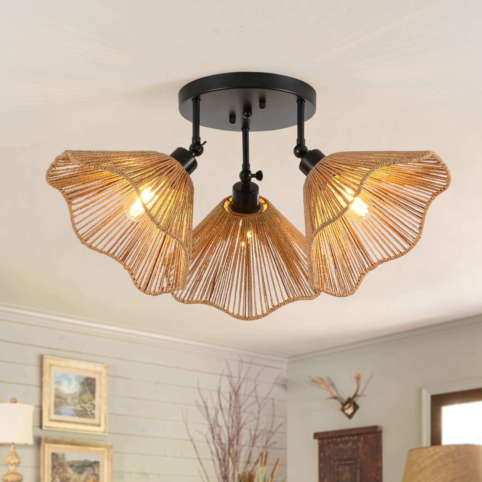 Kitchen Lights Ceiling, Rattan Light Fittings Ceilings 3-Light Chandeliers Ceiling Light Living Room, Boho Bedroom Ceiling Lights For Dining Room Entryway Hallway, E27 Base Ceiling Light Fitting