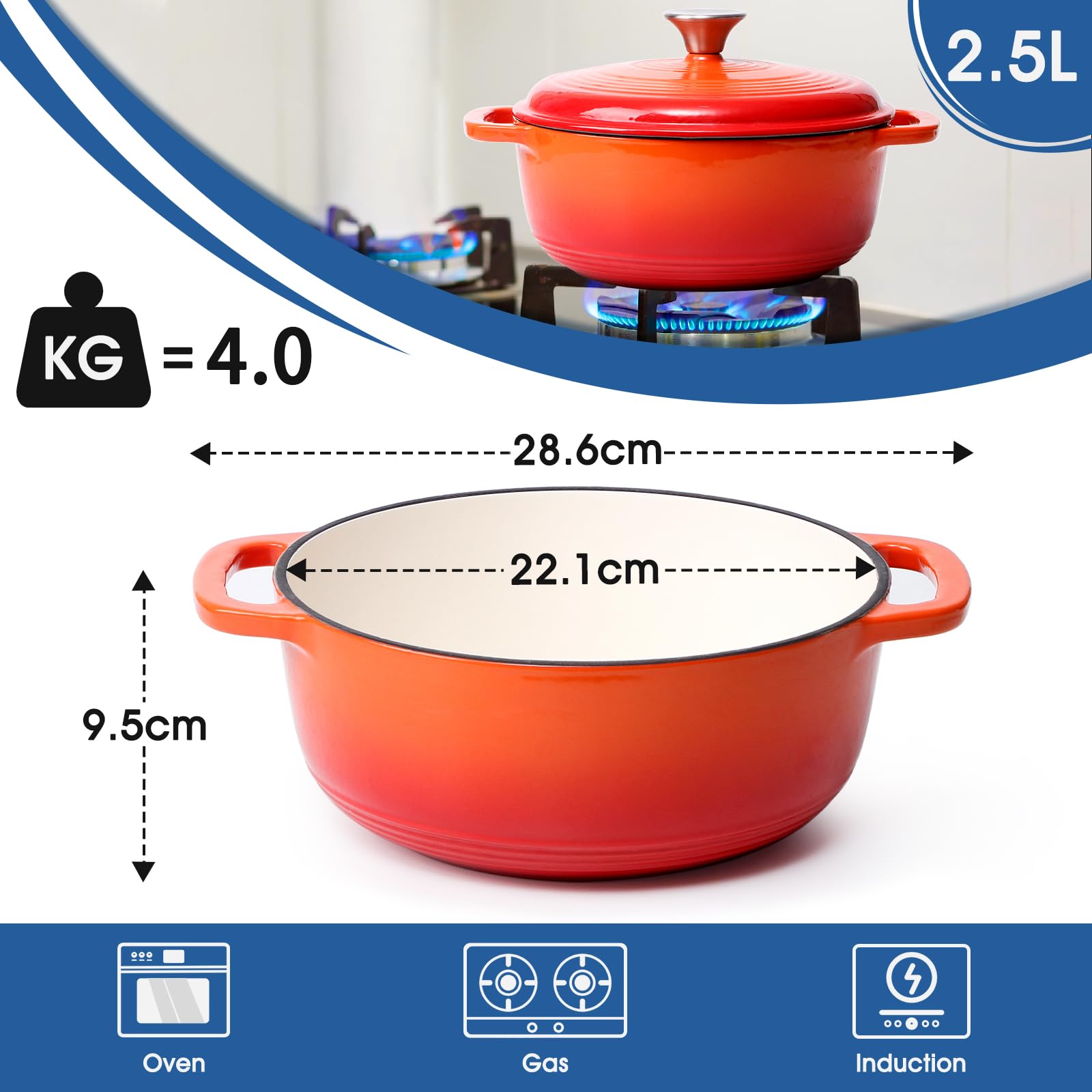 Forno Olandese In Ghisa Smaltata 3 Litri - Casseruola Rotonda Con Coperchio - Rosso Sfumato, Antiaderente, Adatto A Induzione - 2