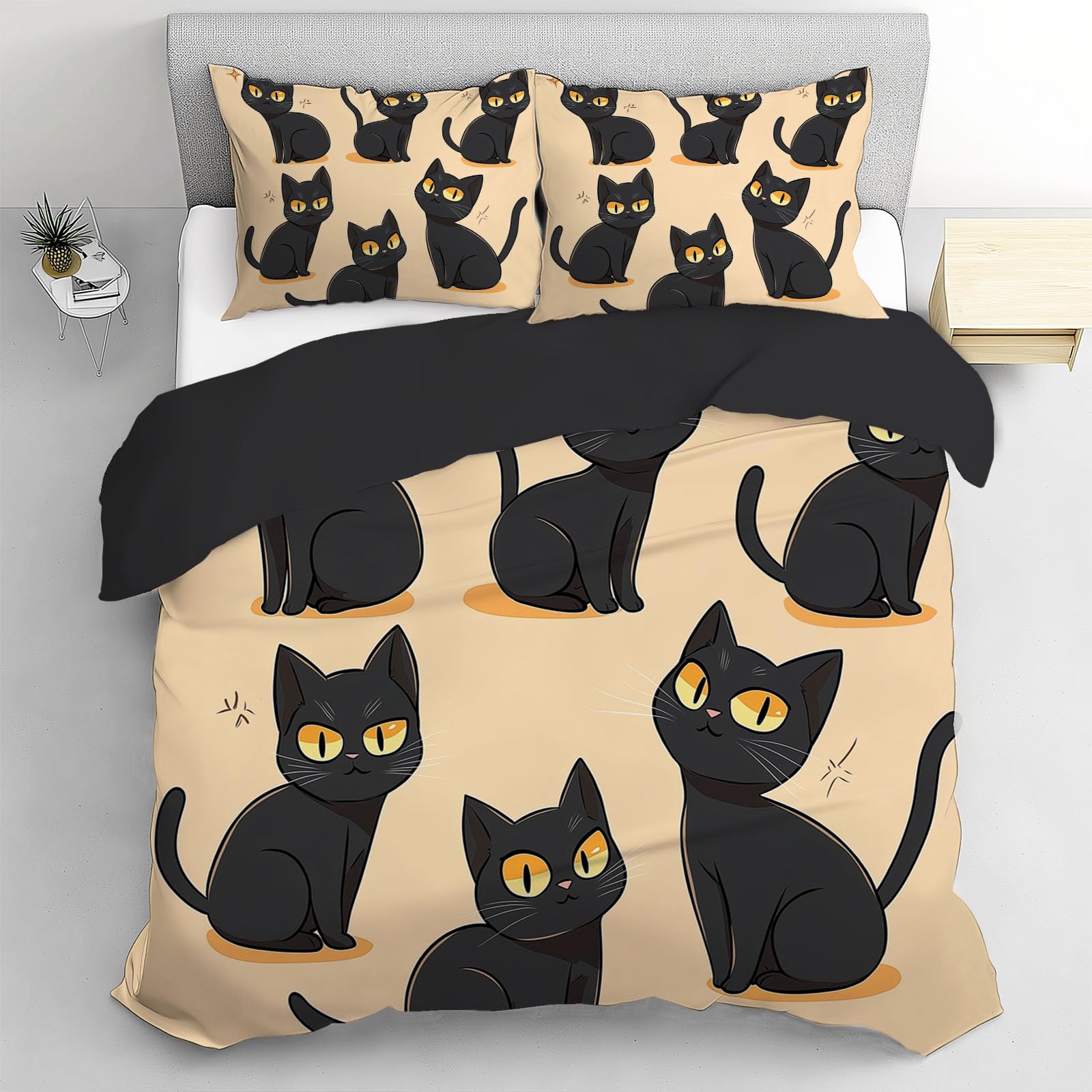 Gato Negro Sencillo Juego de Funda Nórdica 3 Piezas Cama 105 Microfibra Extra Suave Transpirable, Animales Funda Edredón 200x200cm y 2 Fundas de Almohada 50x75 cm